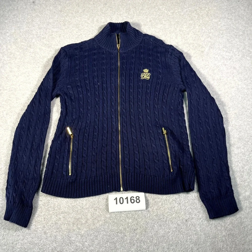 Lauren Ralph Lauren Sweater Womens Large Navy Blue Cable Knit Mock Neck Full Zip